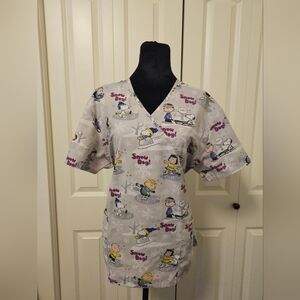 Peanuts Scrub Top Charlie Brown Snoopy Snow Day V Neck